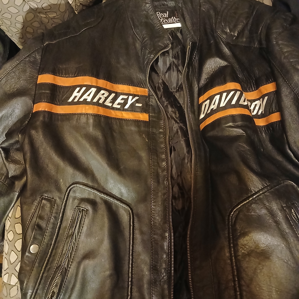 Harley-Davidson Black Leather Jacket with Bold Orange Accents